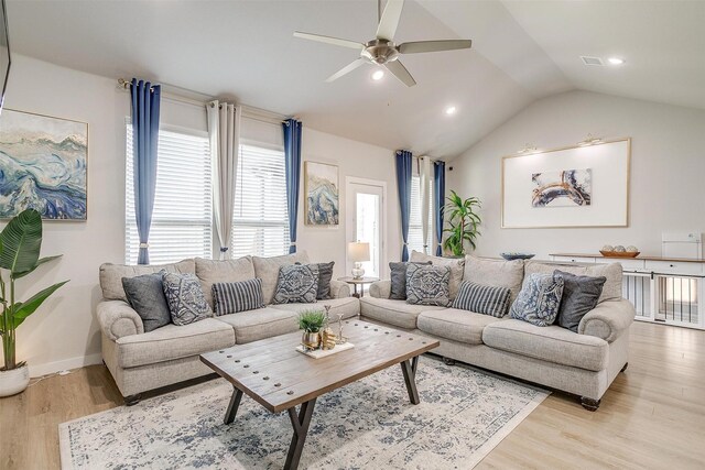 10600 Barrington Ln, Fort Worth, TX 76126 - living room featuring a ceiling fan, vaulted ceiling, wood finished floors, baseboards, and recessed lighting
