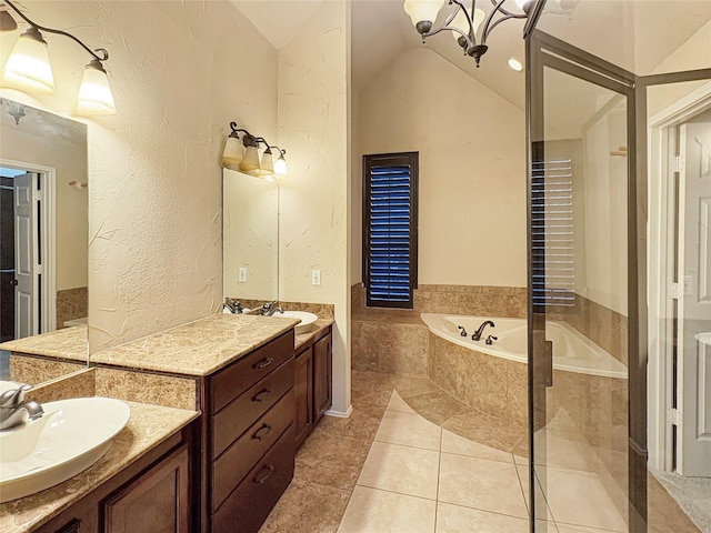 full bathroom featuring a notable chandelier, vaulted ceiling, visible vents, and a shower stall