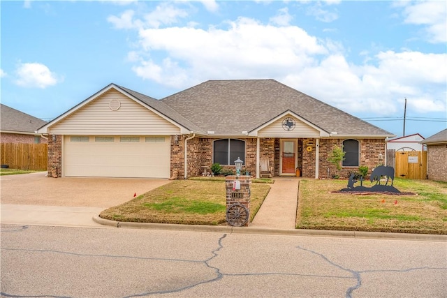 single story home with driveway, a front yard, an attached garage, fence, and brick siding