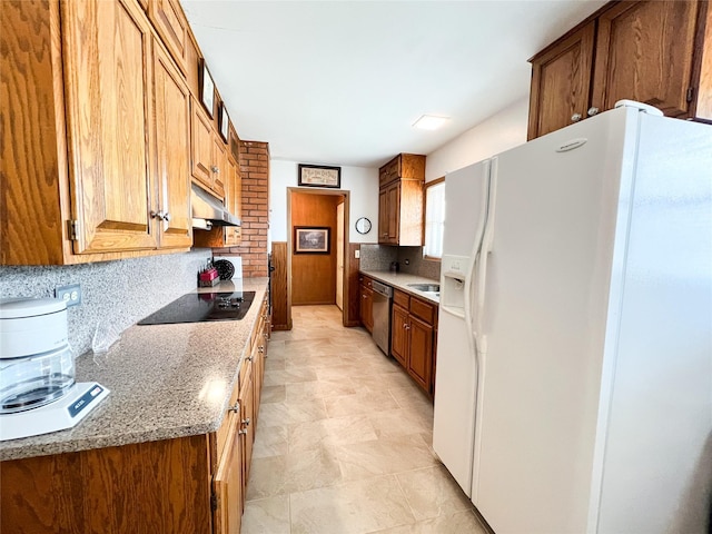 220 N 15th Ave, Munday, TX 76371 - kitchen with white refrigerator with ice dispenser, dishwasher, black electric stovetop, under cabinet range hood, and decorative backsplash