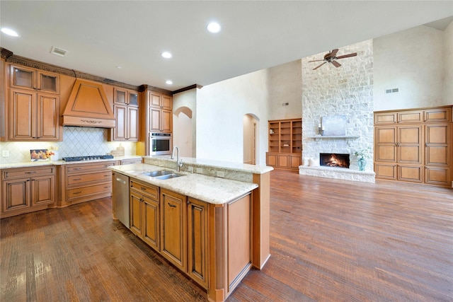 5460 Stone Canyon Dr, Frisco, TX 75034 - kitchen featuring a ceiling fan, a sink, arched walkways, appliances with stainless steel finishes, and custom range hood
