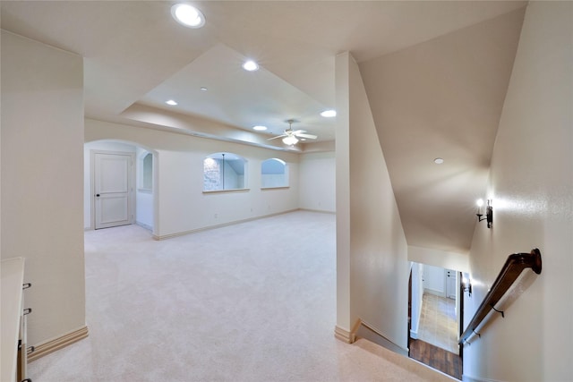 5460 Stone Canyon Dr, Frisco, TX 75034 - bonus room with recessed lighting, a ceiling fan, baseboards, carpet, and arched walkways
