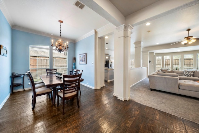 5218 Pueblo Ln, Frisco, TX 75034 - dining room with ceiling fan, dark wood-style floors, baseboards, a chandelier, and recessed lighting