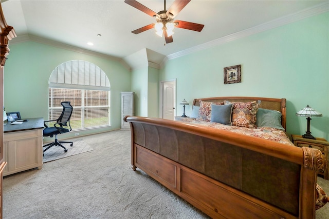 5218 Pueblo Ln, Frisco, TX 75034 - bedroom with light carpet, lofted ceiling, an office area, crown molding, and ceiling fan