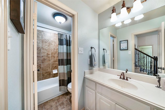 5218 Pueblo Ln, Frisco, TX 75034 - bathroom featuring toilet, vanity, shower / bath combination with curtain, and tile patterned flooring