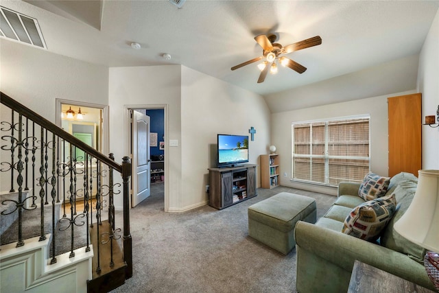 5218 Pueblo Ln, Frisco, TX 75034 - living room with carpet flooring, stairway, a ceiling fan, lofted ceiling, and baseboards