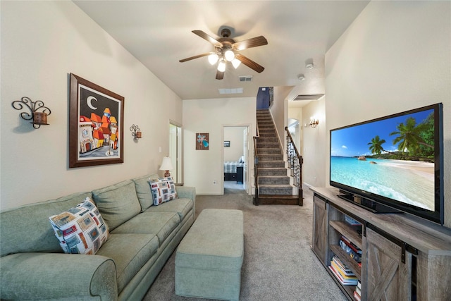 5218 Pueblo Ln, Frisco, TX 75034 - living room with light carpet, a ceiling fan, and stairs