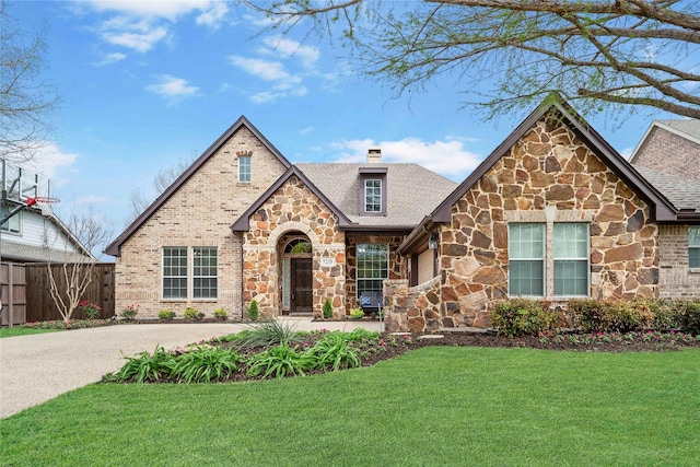 5218 Pueblo Ln, Frisco, TX 75034 - tudor home featuring stone siding, a chimney, and roof with shingles