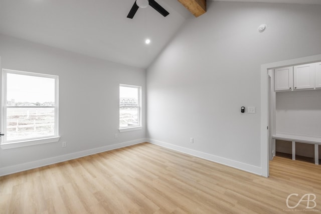 6817 Beals Creek Dr, Abilene, TX 79606 - unfurnished room with light wood-type flooring, high vaulted ceiling, beamed ceiling, a ceiling fan, and baseboards