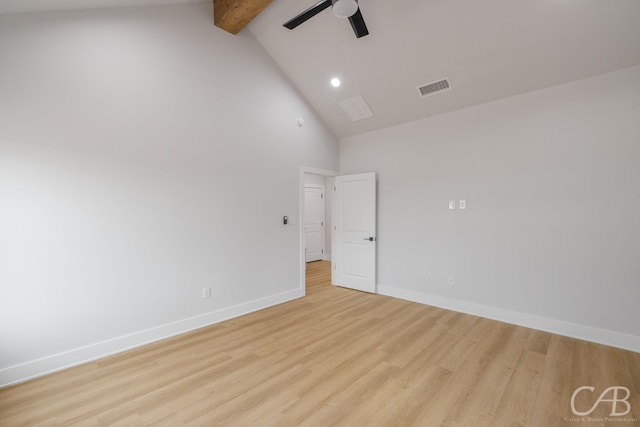 6817 Beals Creek Dr, Abilene, TX 79606 - empty room with a ceiling fan, baseboards, visible vents, high vaulted ceiling, and beamed ceiling