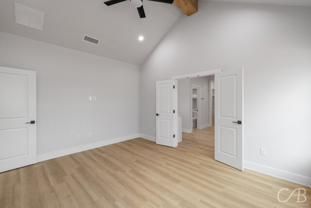6817 Beals Creek Dr, Abilene, TX 79606 - unfurnished bedroom with visible vents, light wood-style flooring, beamed ceiling, and high vaulted ceiling