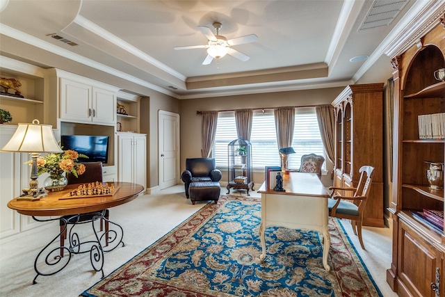 4592 Biltmoore Dr, Frisco, TX 75034 - office space with a tray ceiling, light carpet, ceiling fan, crown molding, and built in shelves