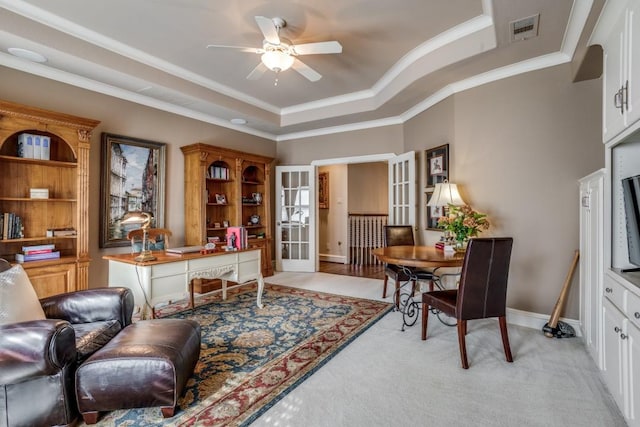 4592 Biltmoore Dr, Frisco, TX 75034 - office space featuring a raised ceiling, french doors, ceiling fan, crown molding, and baseboards