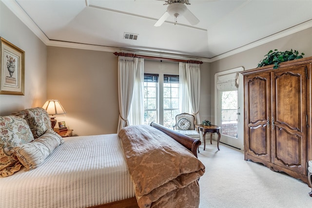 4592 Biltmoore Dr, Frisco, TX 75034 - bedroom with access to outside, light colored carpet, crown molding, and ceiling fan