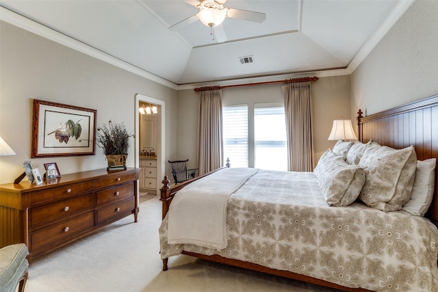 4592 Biltmoore Dr, Frisco, TX 75034 - bedroom featuring light carpet, a tray ceiling, crown molding, ceiling fan, and ensuite bathroom