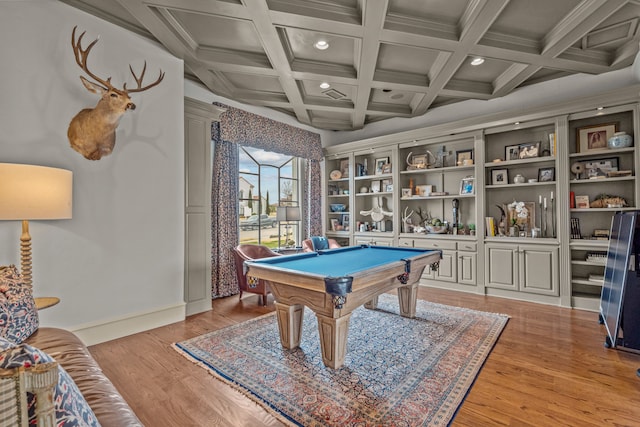 playroom featuring coffered ceiling, light wood-type flooring, billiards, beamed ceiling, and recessed lighting