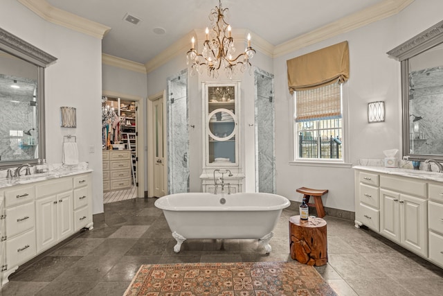 full bath featuring crown molding, a sink, two vanities, visible vents, and an inviting chandelier