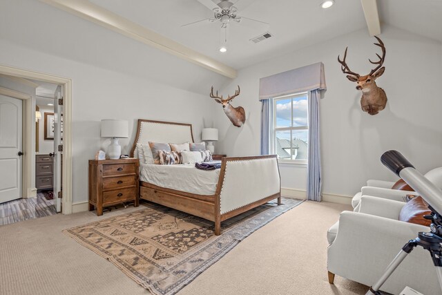 bedroom featuring recessed lighting, baseboards, visible vents, light carpet, and vaulted ceiling with beams