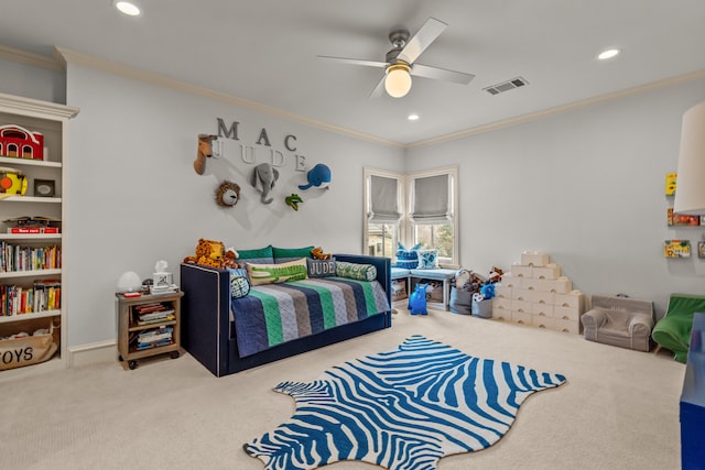 carpeted bedroom featuring visible vents, crown molding, and recessed lighting