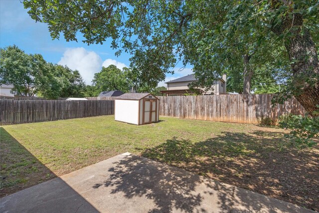 view of yard featuring a storage unit, a patio, and an outbuilding