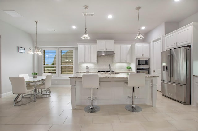 kitchen with tasteful backsplash, white cabinetry, visible vents, under cabinet range hood, and stainless steel appliances