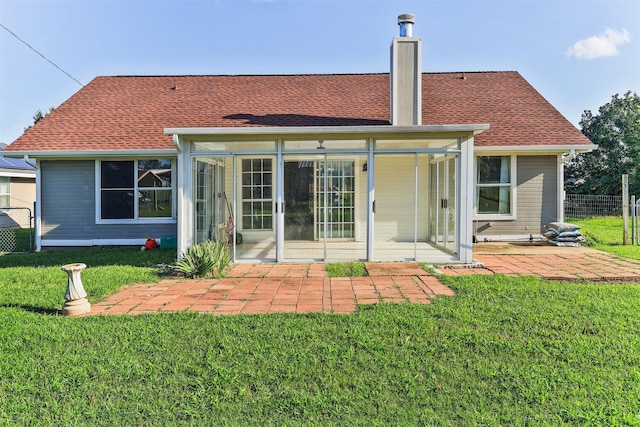 608 Concho Dr, Oak Point, TX 75068 - rear view of property featuring a patio area, a chimney, a sunroom, and roof with shingles
