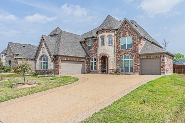 french country inspired facade with roof with shingles, driveway, a front lawn, brick siding, and a garage