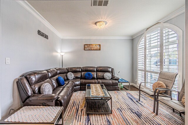 living area featuring visible vents, wood finished floors, ornamental molding, and a textured ceiling