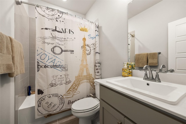 full bath featuring shower / bathtub combination with curtain, vanity, and toilet