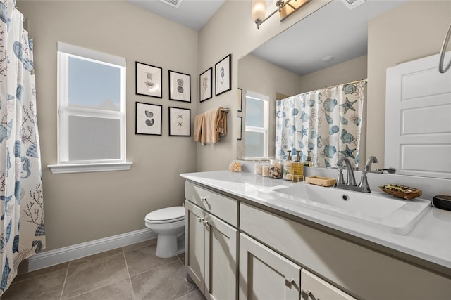 bathroom featuring visible vents, baseboards, toilet, vanity, and tile patterned flooring