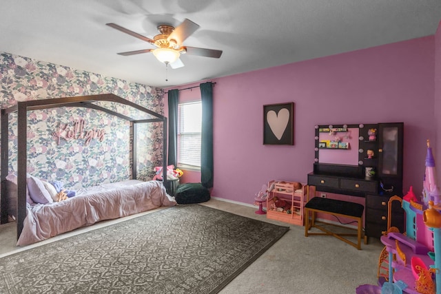 2416 Grand Rapids Dr, Fort Worth, TX 76177 - carpeted bedroom featuring wallpapered walls and ceiling fan