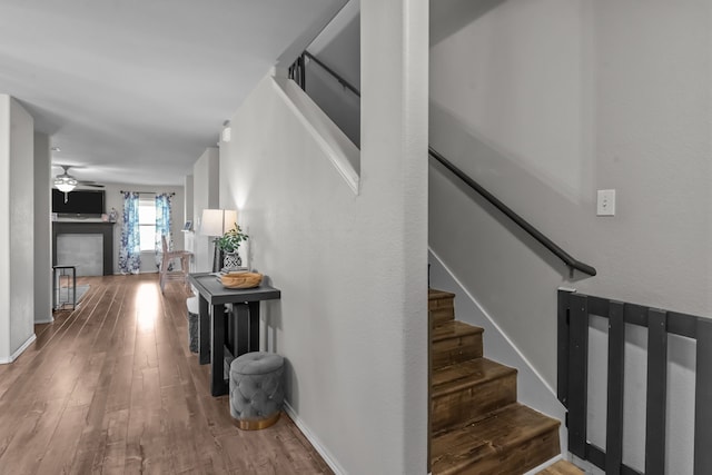 2416 Grand Rapids Dr, Fort Worth, TX 76177 - stairs featuring wood finished floors, a tiled fireplace, a ceiling fan, and baseboards