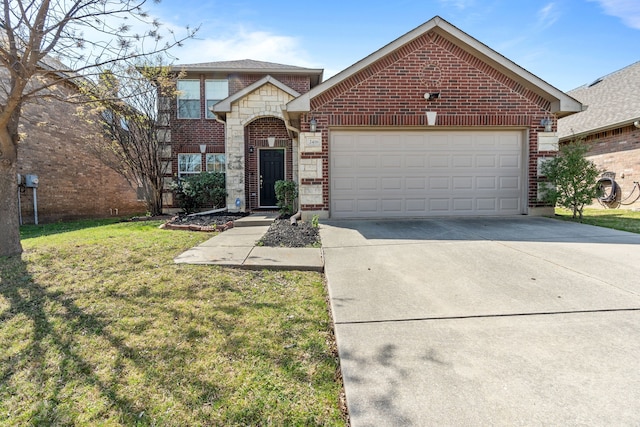 2416 Grand Rapids Dr, Fort Worth, TX 76177 - view of front of property with brick siding, concrete driveway, a garage, and a front yard