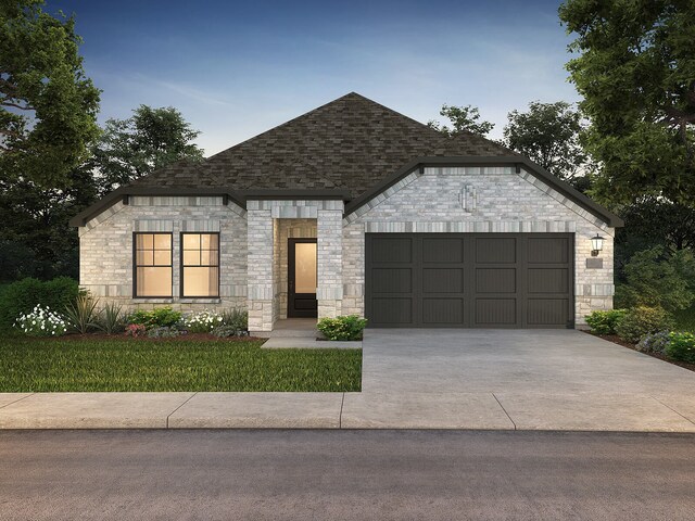 french country style house featuring stone siding, driveway, a garage, and roof with shingles