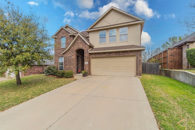 view of front of home with brick siding, a front lawn, a garage, and concrete driveway