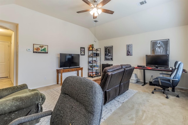 1129 Hidden Lake Dr, Burleson, TX 76028 - living area with baseboards, vaulted ceiling, visible vents, ceiling fan, and light colored carpet