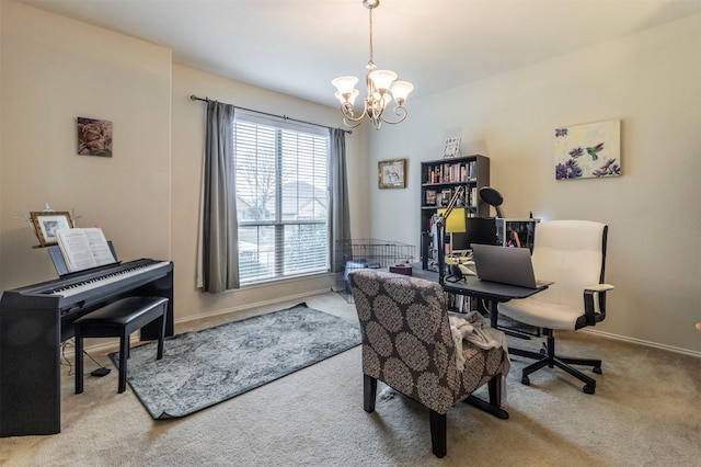 carpeted office with an inviting chandelier and baseboards