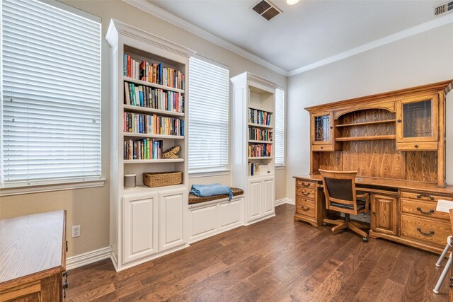 5 Pamela Ct, Mansfield, TX 76063 - office featuring built in study area, ornamental molding, visible vents, and dark wood finished floors