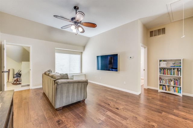 5 Pamela Ct, Mansfield, TX 76063 - living area with visible vents, wood finished floors, a ceiling fan, attic access, and lofted ceiling