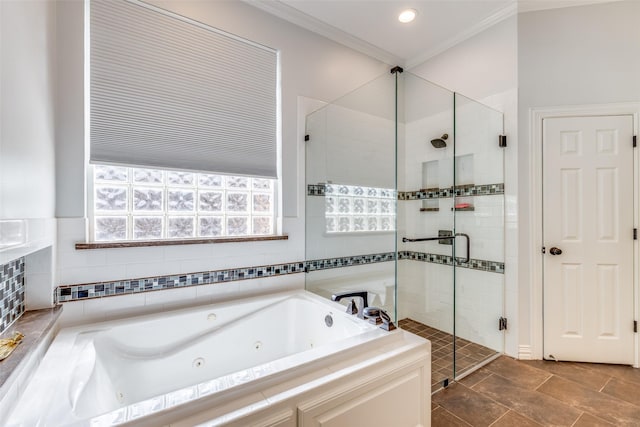 5 Pamela Ct, Mansfield, TX 76063 - bathroom featuring a shower stall, a tub with jets, and crown molding