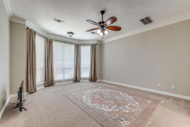 5 Pamela Ct, Mansfield, TX 76063 - spare room featuring light carpet, visible vents, ornamental molding, and a ceiling fan