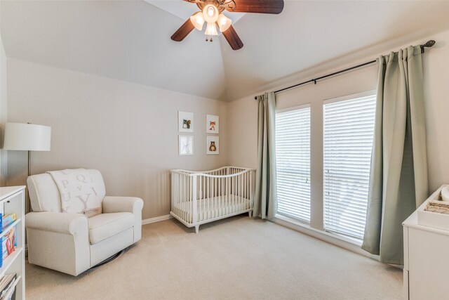 5 Pamela Ct, Mansfield, TX 76063 - bedroom with ceiling fan, vaulted ceiling, a crib, and light colored carpet