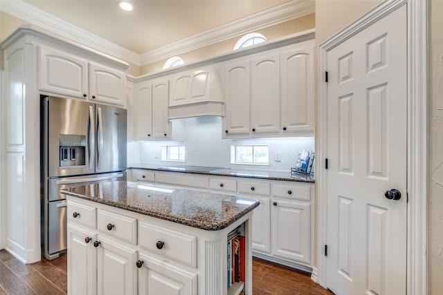 5 Pamela Ct, Mansfield, TX 76063 - kitchen featuring stainless steel fridge, dark wood-type flooring, black electric stovetop, and dark stone countertops