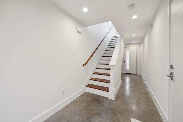 4980 Fuqua St, Dallas, TX 75206 - stairs featuring recessed lighting, concrete floors, baseboards, and visible vents