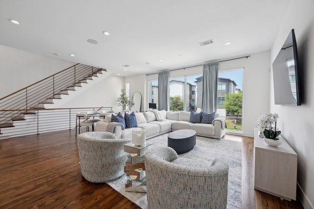 4980 Fuqua St, Dallas, TX 75206 - living room with visible vents, recessed lighting, stairs, and wood finished floors