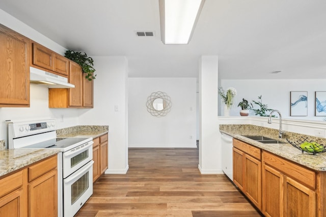2905 Meadow Bluff Dr, Wylie, TX 75098 - kitchen featuring white appliances, a sink, under cabinet range hood, light wood finished floors, and light stone counters