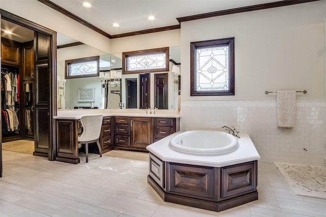 5816 Forest Highlands Dr, Fort Worth, TX 76132 - full bathroom with tile walls, crown molding, tile patterned floors, vanity, and a garden tub
