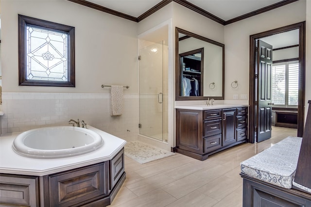 5816 Forest Highlands Dr, Fort Worth, TX 76132 - bathroom featuring vanity, crown molding, a spacious closet, a shower stall, and a bath