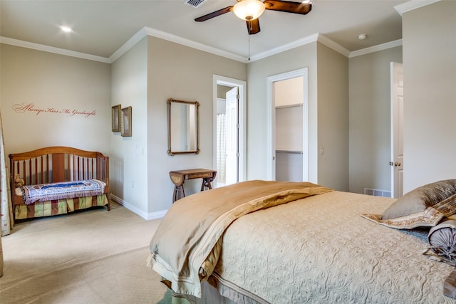 5816 Forest Highlands Dr, Fort Worth, TX 76132 - bedroom featuring crown molding, carpet flooring, baseboards, visible vents, and ceiling fan