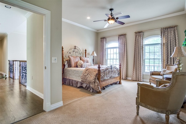 5816 Forest Highlands Dr, Fort Worth, TX 76132 - bedroom with baseboards, carpet, ornamental molding, and a ceiling fan